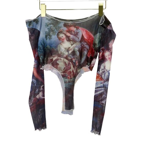 Shein Abstract Renaissance Off Shoulder Long Sleeve Mesh Top Funky Sexy Small - Picture 2 of 8